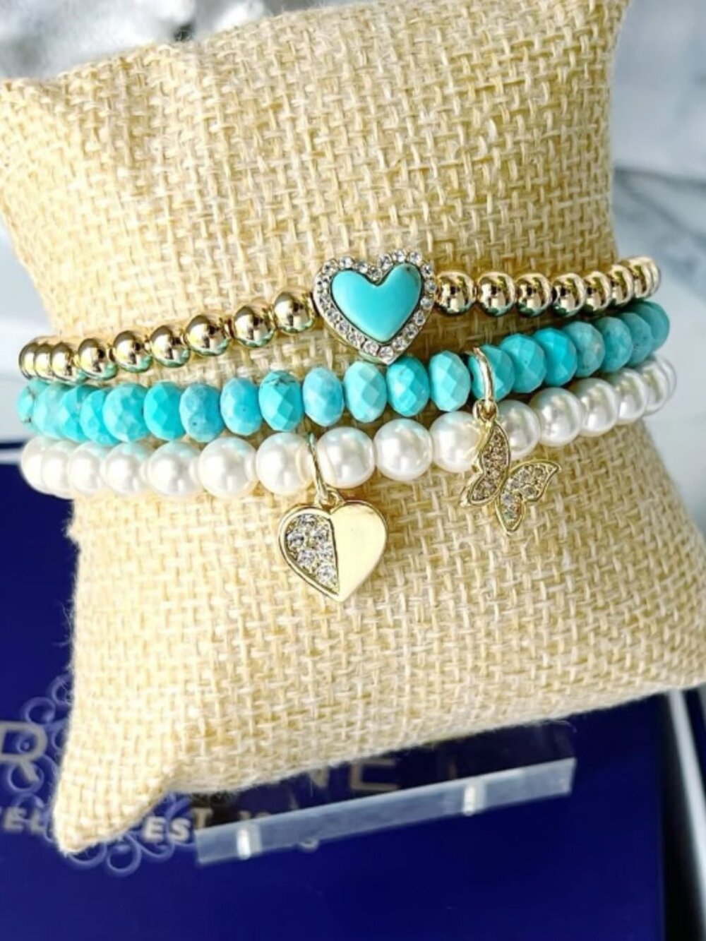 Santorini Sparkle Box Turquoise Heart & Butterfly Beaded Bracelet Set